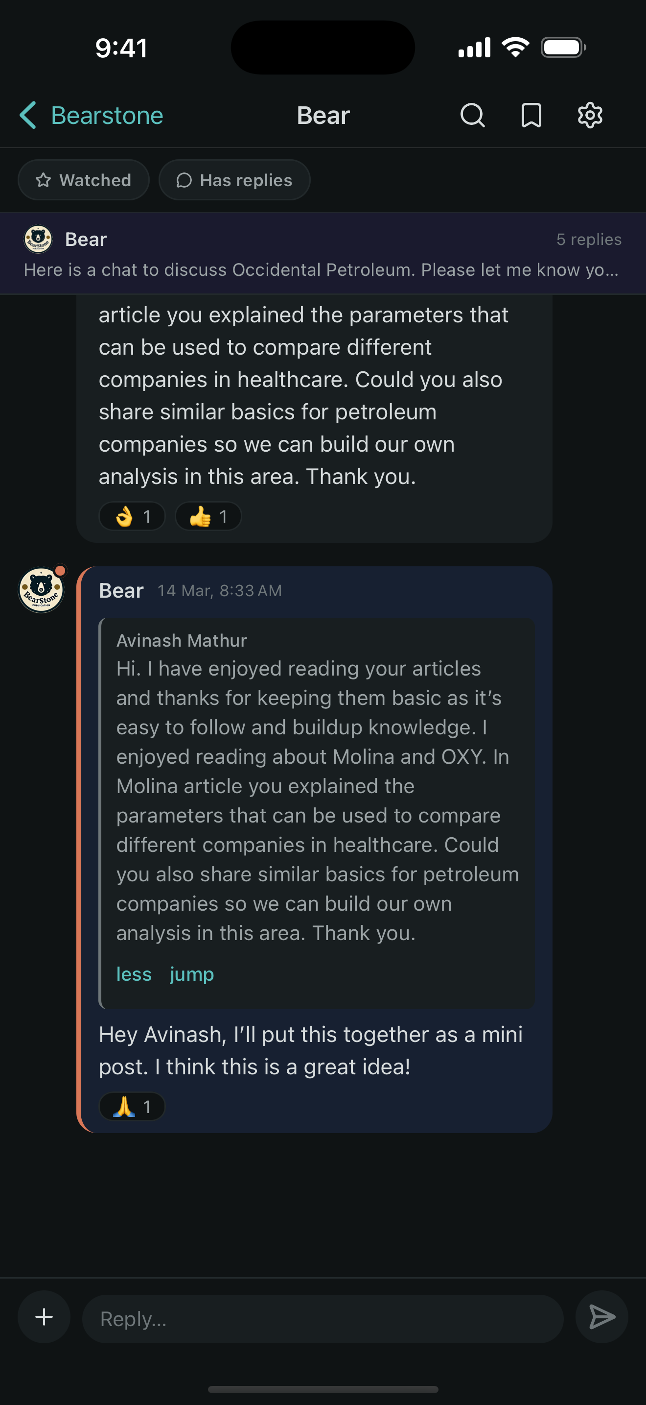 Vurro thread view with reactions, quoted replies, and watched-user highlighting