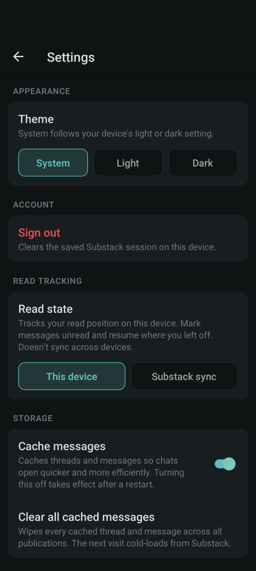 Vurro mobile Settings screen showing read-state tracking options